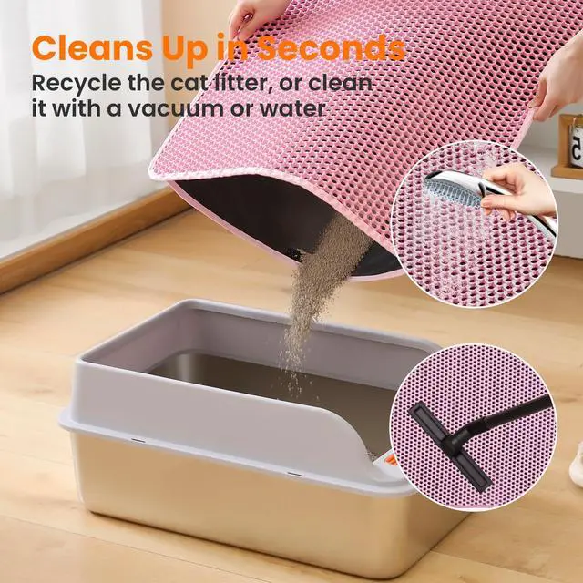 Alt view image 5 of 7 - Petinstinct Cat Litter Mat, Double Layer Honeycomb Cat Litter Trapping Mat, Non Slip Waterproof Urine Proof Cat Litter Box Mat for Floor, Kitty Litter Rug, Cat Supplies, Pink, 20x14 Inches