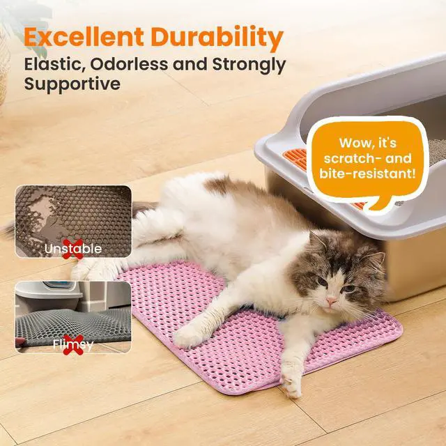 Alt view image 6 of 7 - Petinstinct Cat Litter Mat, Double Layer Honeycomb Cat Litter Trapping Mat, Non Slip Waterproof Urine Proof Cat Litter Box Mat for Floor, Kitty Litter Rug, Cat Supplies, Pink, 20x14 Inches