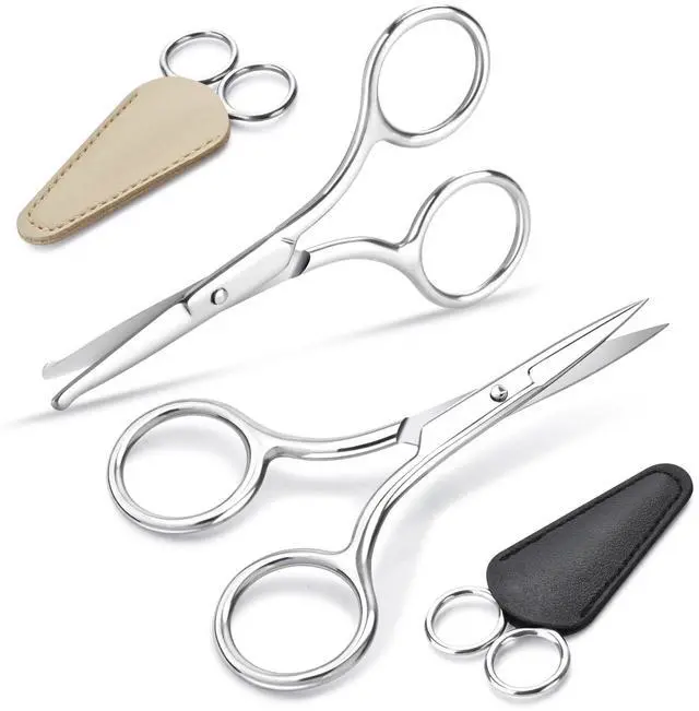 Main image of 2Pcs Facial Hair Small Grooming Scissors For Men & Women - Eyebrow, Nose Hair, Mustache, Beard, Eyelashes, Ear Hair Trimming Kit, Pointed Scissors and Round Scissors, Travel Friendly Mini Scissors Set