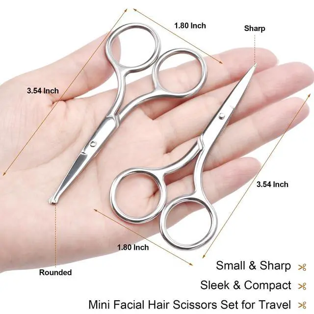 Alt view image 2 of 6 - 2Pcs Facial Hair Small Grooming Scissors For Men & Women - Eyebrow, Nose Hair, Mustache, Beard, Eyelashes, Ear Hair Trimming Kit, Pointed Scissors and Round Scissors, Travel Friendly Mini Scissors Set