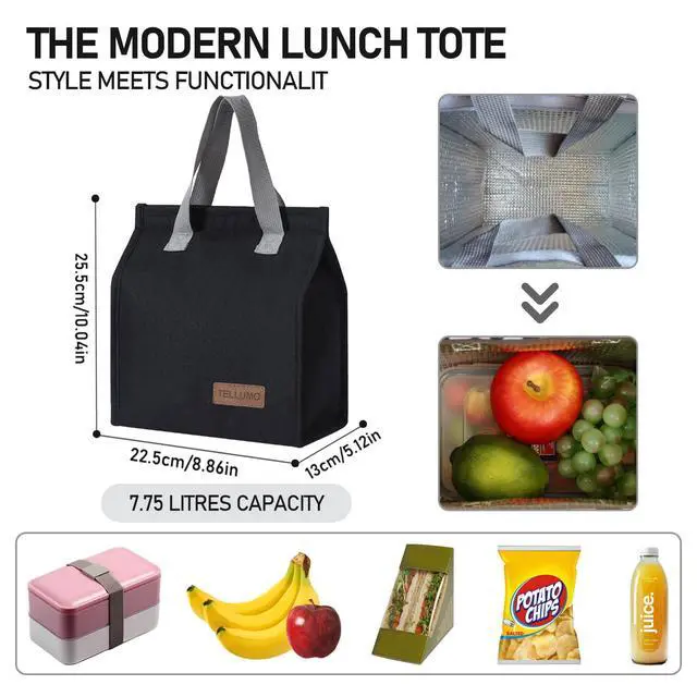 Alt view image 4 of 7 - TELLUMO Insulated Lunch Bag for Men Women, Large Reusable Leakproof Lunch Box Container, Small Portable Thermal Snack Bag, Reusable Travel Office Work Beach Black Cooler Tote Bag for Adults, Dark