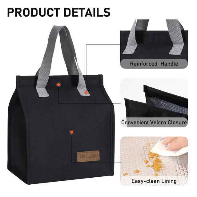 Alt view image 5 of 7 - TELLUMO Insulated Lunch Bag for Men Women, Large Reusable Leakproof Lunch Box Container, Small Portable Thermal Snack Bag, Reusable Travel Office Work Beach Black Cooler Tote Bag for Adults, Dark