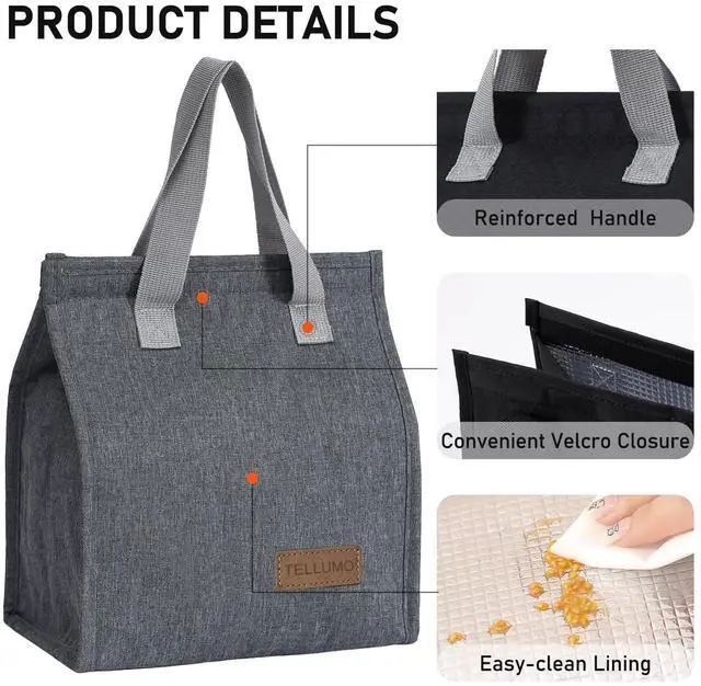 Alt view image 4 of 7 - TELLUMO Insulated Lunch Bag for Men Women, Large Reusable Leakproof Lunch Box Container, Small Portable Thermal Snack Bag, Reusable Travel Office Work Beach Cooler Tote Bag for Adults, Grey