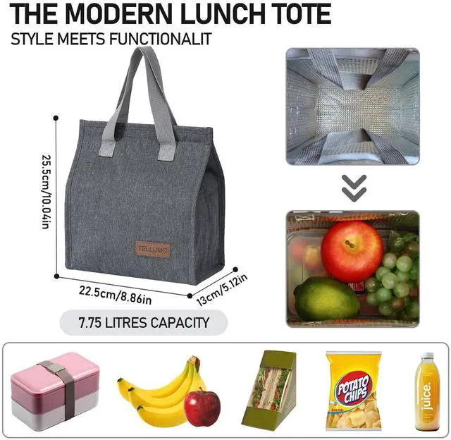 Alt view image 5 of 7 - TELLUMO Insulated Lunch Bag for Men Women, Large Reusable Leakproof Lunch Box Container, Small Portable Thermal Snack Bag, Reusable Travel Office Work Beach Cooler Tote Bag for Adults, Grey