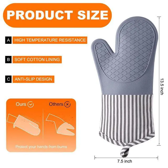 Alt view image 2 of 7 - Silicone Oven Mitts, Heat Resistant Oven Gloves with Quilted Liner, Waterproof & Non-Slip Kitchen Mittens for Baking Cooking BBQ, 500°F, 13.5" Nordic Grey