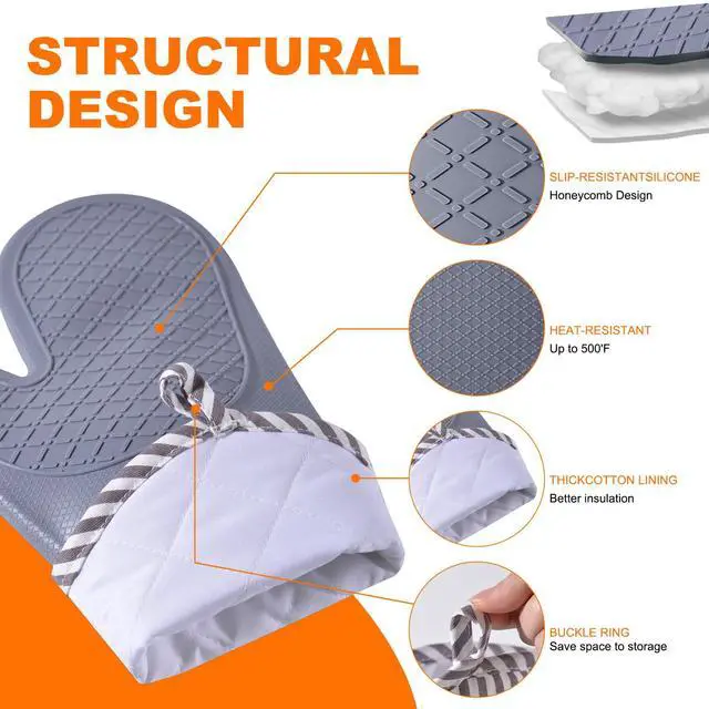 Alt view image 3 of 7 - Silicone Oven Mitts, Heat Resistant Oven Gloves with Quilted Liner, Waterproof & Non-Slip Kitchen Mittens for Baking Cooking BBQ, 500°F, 13.5" Nordic Grey