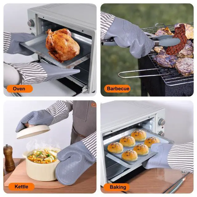 Alt view image 5 of 7 - Silicone Oven Mitts, Heat Resistant Oven Gloves with Quilted Liner, Waterproof & Non-Slip Kitchen Mittens for Baking Cooking BBQ, 500°F, 13.5" Nordic Grey