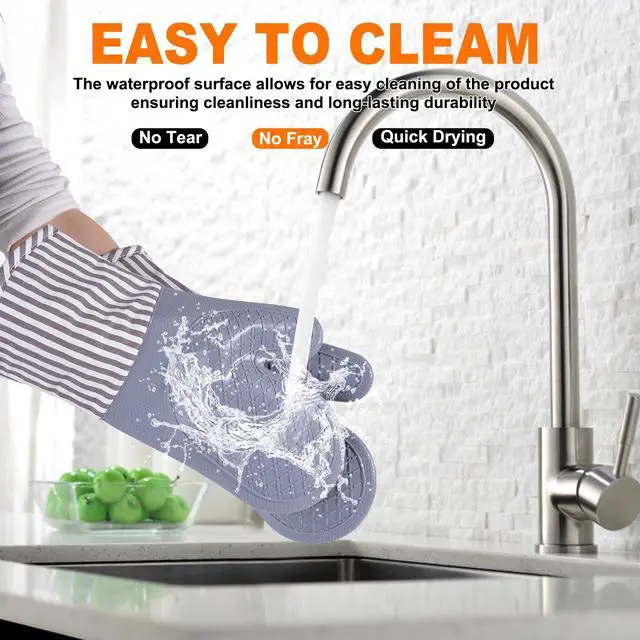 Alt view image 6 of 7 - Silicone Oven Mitts, Heat Resistant Oven Gloves with Quilted Liner, Waterproof & Non-Slip Kitchen Mittens for Baking Cooking BBQ, 500°F, 13.5" Nordic Grey