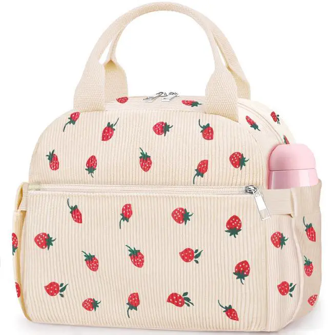 Main image of KUBYA Lunch Box for Women, Cute Strawberry Corduroy Insulated Lunch Bag Women Reusable Work Leakproof Simple Adults Large Lunch Boxes Tote Bag Men Cooler Bag