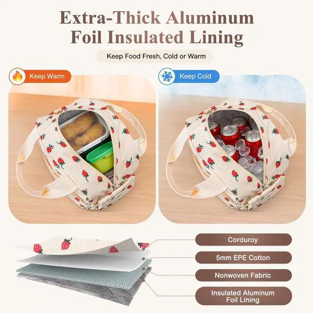 Alt view image 2 of 7 - KUBYA Lunch Box for Women, Cute Strawberry Corduroy Insulated Lunch Bag Women Reusable Work Leakproof Simple Adults Large Lunch Boxes Tote Bag Men Cooler Bag