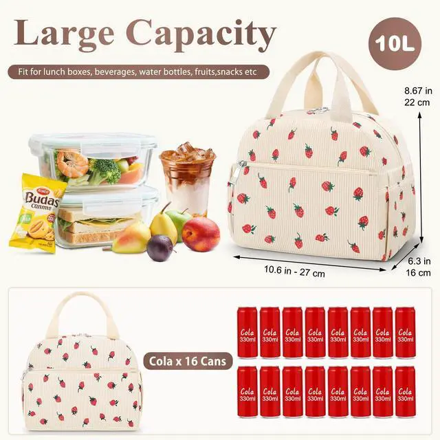 Alt view image 3 of 7 - KUBYA Lunch Box for Women, Cute Strawberry Corduroy Insulated Lunch Bag Women Reusable Work Leakproof Simple Adults Large Lunch Boxes Tote Bag Men Cooler Bag