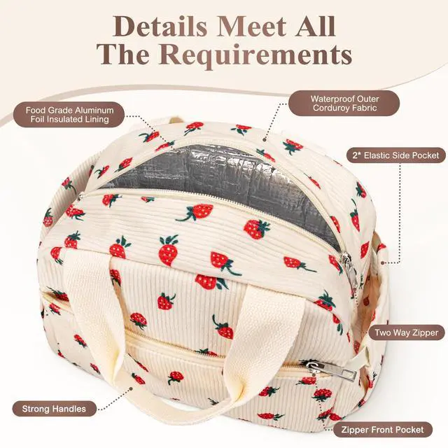 Alt view image 4 of 7 - KUBYA Lunch Box for Women, Cute Strawberry Corduroy Insulated Lunch Bag Women Reusable Work Leakproof Simple Adults Large Lunch Boxes Tote Bag Men Cooler Bag