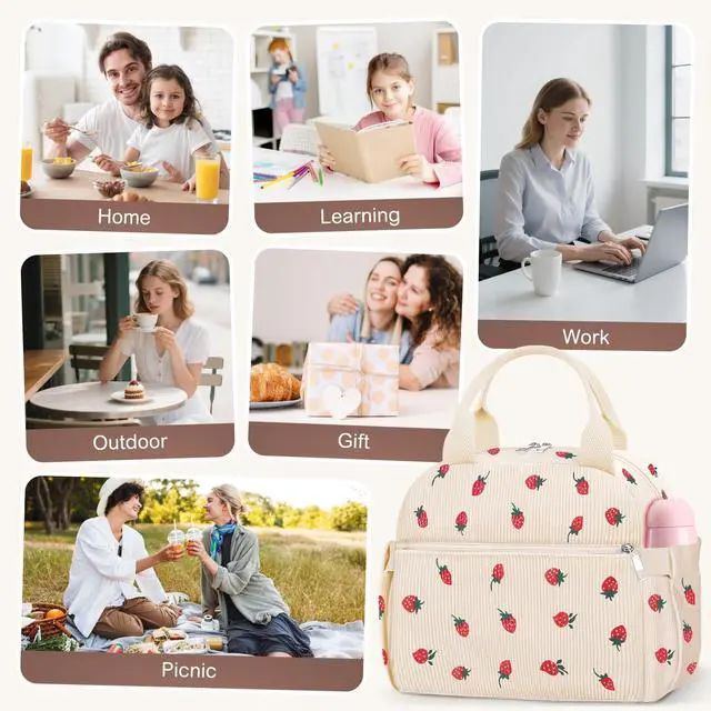 Alt view image 6 of 7 - KUBYA Lunch Box for Women, Cute Strawberry Corduroy Insulated Lunch Bag Women Reusable Work Leakproof Simple Adults Large Lunch Boxes Tote Bag Men Cooler Bag
