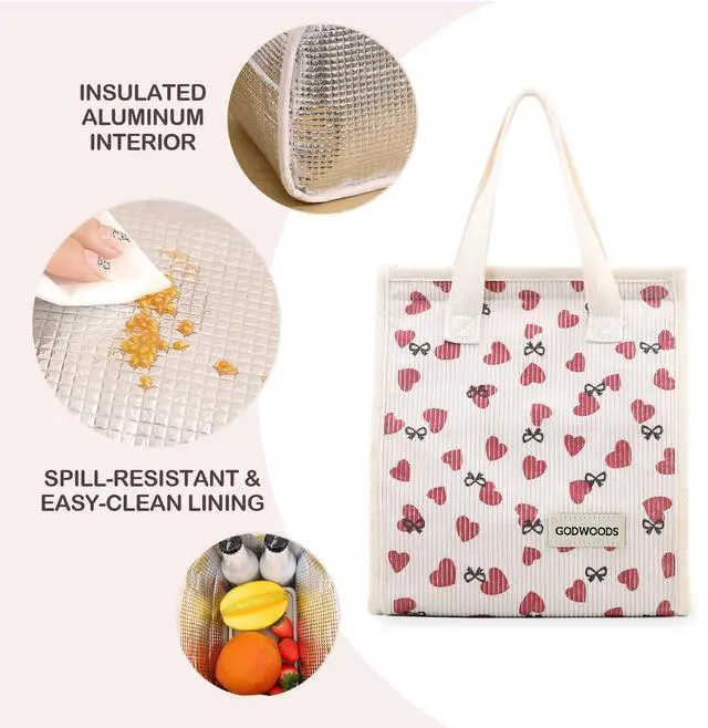 Alt view image 4 of 7 - TELLUMO Corduroy Insulated Lunch Bag, 7.75L Large Capacity Reusable Lunch Box, Cute Lunch Tote for Women Men, Leakproof Lunch Cooler for Work Picnic Travel (Corduroy Love)