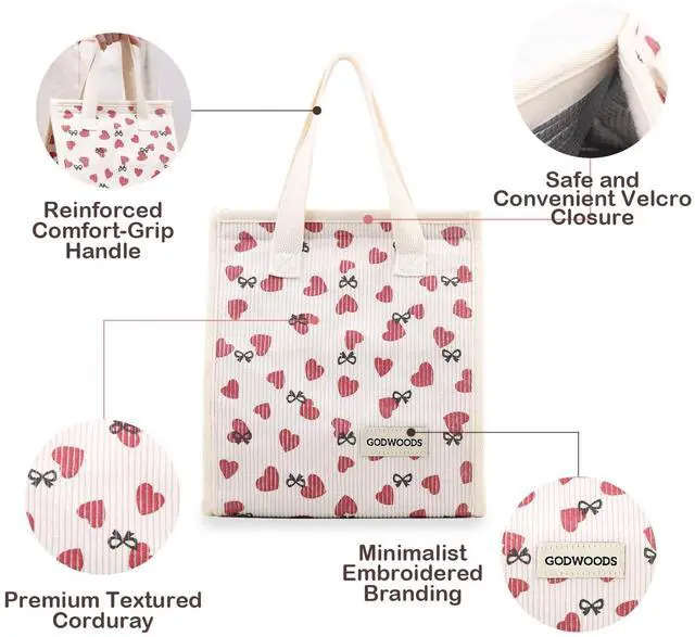 Alt view image 5 of 7 - TELLUMO Corduroy Insulated Lunch Bag, 7.75L Large Capacity Reusable Lunch Box, Cute Lunch Tote for Women Men, Leakproof Lunch Cooler for Work Picnic Travel (Corduroy Love)