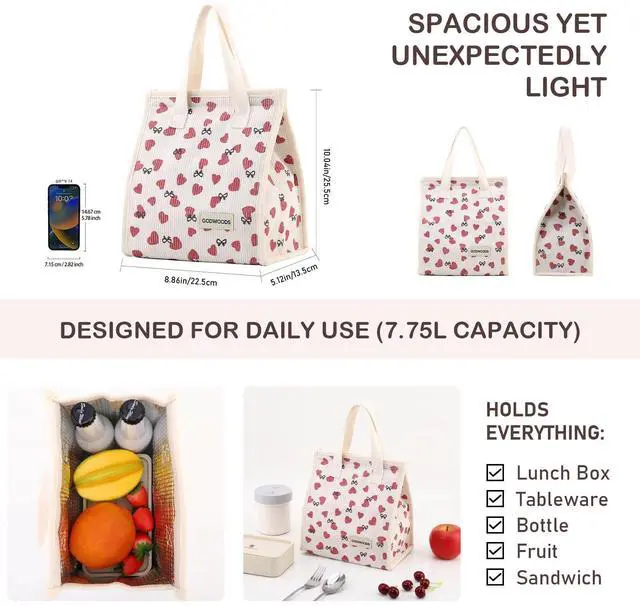 Alt view image 6 of 7 - TELLUMO Corduroy Insulated Lunch Bag, 7.75L Large Capacity Reusable Lunch Box, Cute Lunch Tote for Women Men, Leakproof Lunch Cooler for Work Picnic Travel (Corduroy Love)