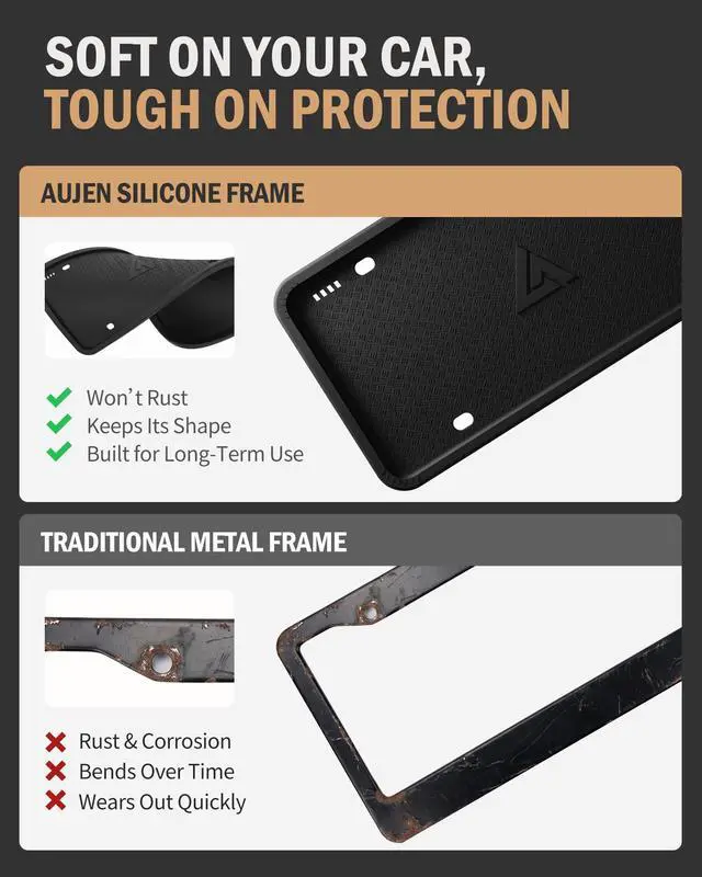 Alt view image 6 of 7 - Aujen Silicone License Plate Frames Black, 2 Pack Car License Plate Frame, Universal US Black License Plate Holders Brackets Rust-Proof, Weather & Rattle-Proof, Car Accessories