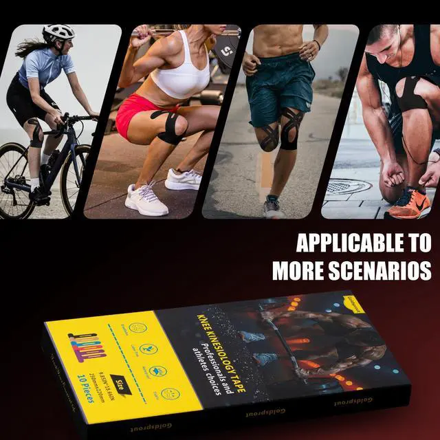 Alt view image 2 of 7 - Precut Kinesiology Tape for Knees,10 PCS Waterproof & Breathable Knee Support Tape, Elastic Knee Support & Stability - Athlete-Level Protection - Hypoallergenic Latex-Free (Black)