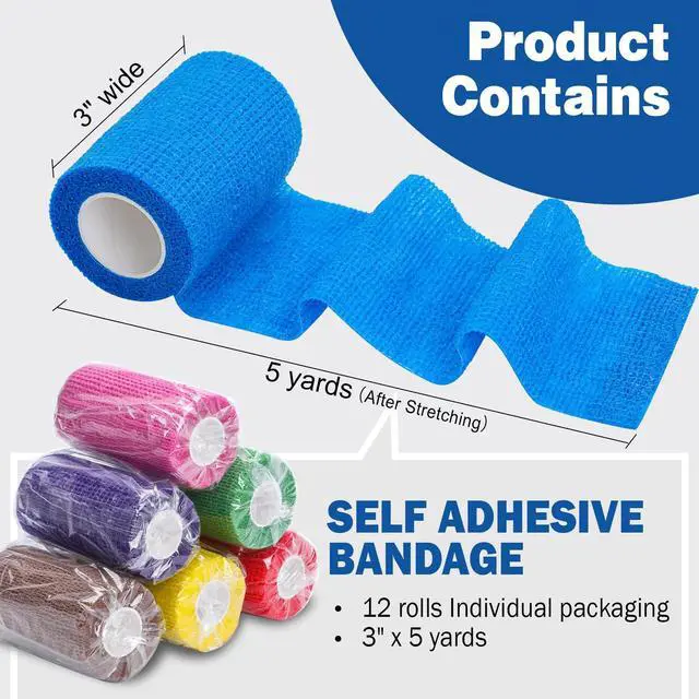 Alt view image 2 of 7 - 12 Pack Self Adhesive Bandage Wrap, 3" X 5 Yards Elastic Cohesive Bandage Wrap, Vet Wrap, Ankle Tape, Tattoo Grip Tape Wrap, Color Athletic Tape