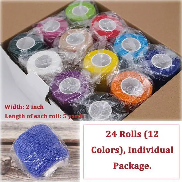 Alt view image 2 of 7 - 24 Pack Self Adhesive Bandage Wrap 2 Inch, Athletic Elastic Non Woven Cohesive Bandage for Sports, Wrist, Ankle Sprains, Swelling and Vet Wrap (Rainbow)