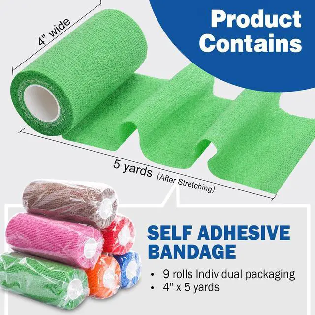 Alt view image 2 of 7 - 9 Pack Self Adhesive Bandage Wrap, 4" X 5 Yards Elastic Cohesive Bandage Wrap, Color Athletic Tape, Tattoo Grip Tape Wrap, Vet Wrap, Ankle Tape