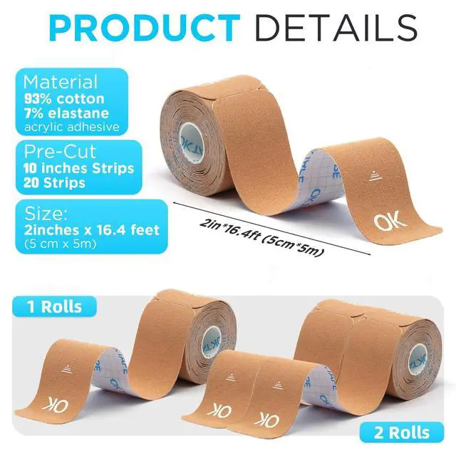 Alt view image 6 of 7 - Kinesiology Tape Precut Elastic Hypoallergenic, 20 Strips, 2"x16ft