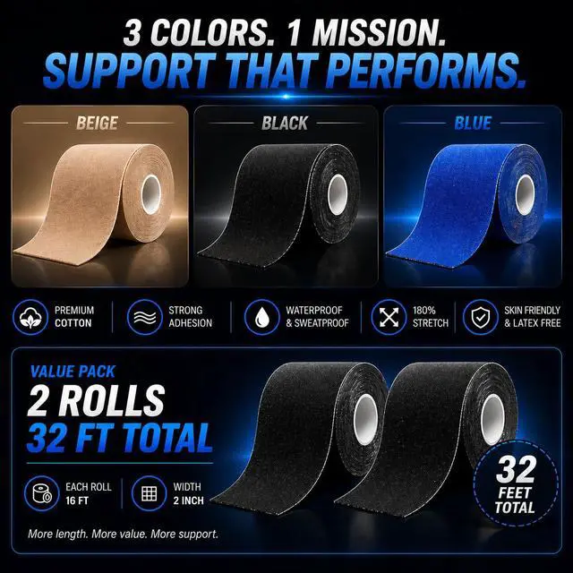 Alt view image 4 of 7 - Kinesiology Tape Roll, 2 Rolls 16ft Waterproof KT Sports Tape (Black)