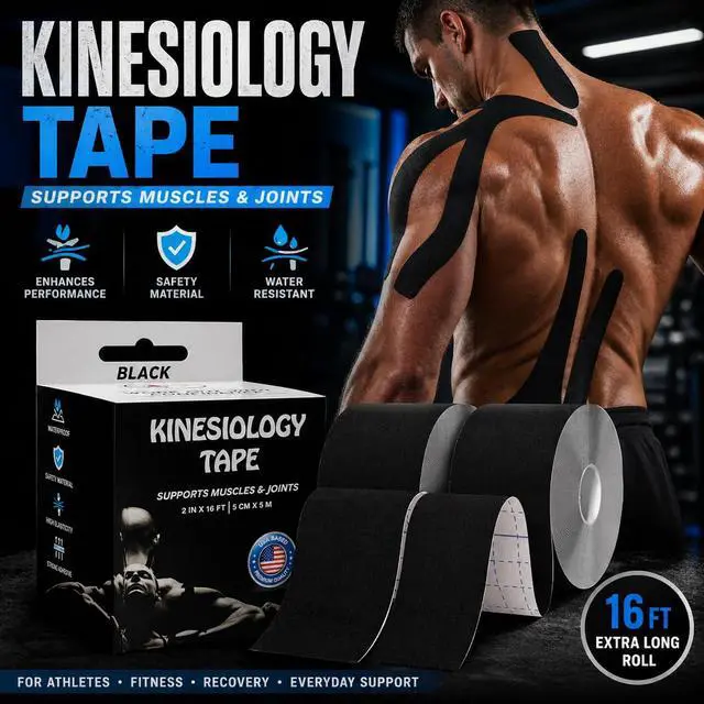 Alt view image 7 of 7 - Kinesiology Tape Roll, 2 Rolls 16ft Waterproof KT Sports Tape (Black)