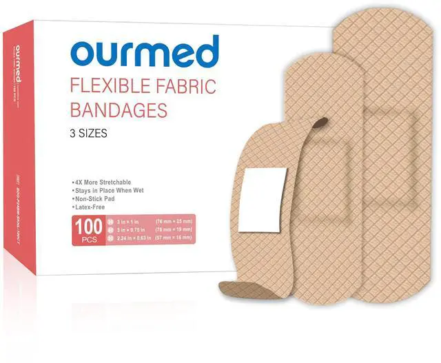 Main image of Flexible Fabric Adhesive Bandages, 100 Count, Latex Free First Aid Bandage with Non-Stick Pad for Wound Care, Cuts, Scrapes, Blisters, Assorted Sizes