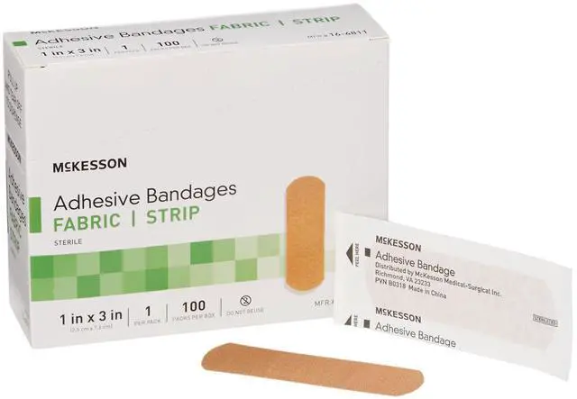 Main image of Adhesive Bandages, Sterile, Fabric, Tan, 1 x 3 in, 100 ct