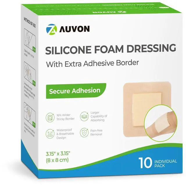 Main image of 3" x 3" Silicone Foam Dressing with Large Adhesive Border, 10 Packs