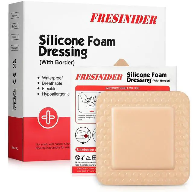Main image of Silicone Foam Dressing with Adhesive Border Wound Dressing Bandage Silicone Foam Pad Pack of 10 3 x 3 Inches Large Waterproof Bandages Self Adhesive Wound Care and Dressings