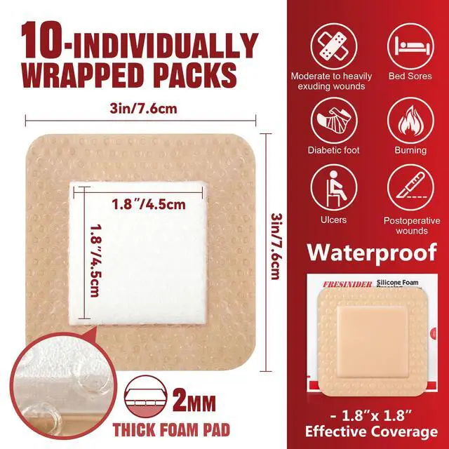 Alt view image 2 of 7 - Silicone Foam Dressing with Adhesive Border Wound Dressing Bandage Silicone Foam Pad Pack of 10 3 x 3 Inches Large Waterproof Bandages Self Adhesive Wound Care and Dressings