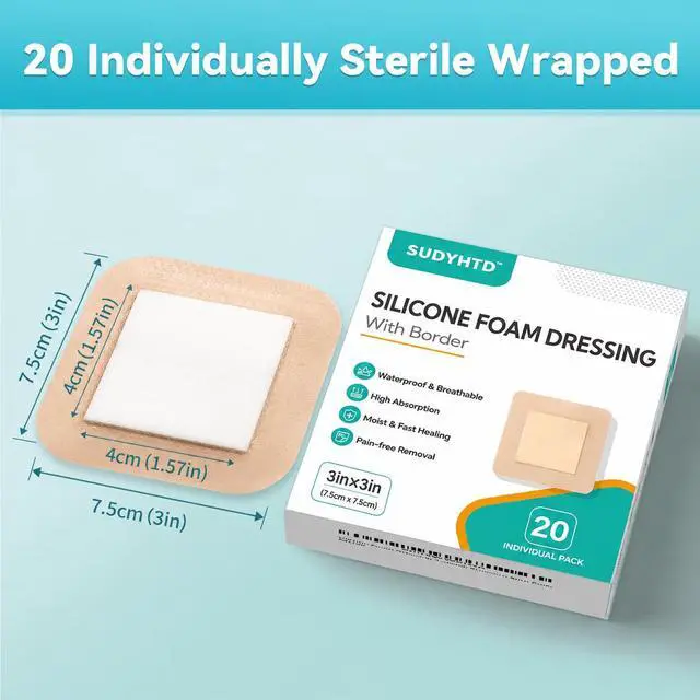 Alt view image 6 of 7 - 20 Pack Silicone Foam Dressing 3"x3" Gentle Border, Waterproof Silicone Bandages for Wounds Care, Super Absorbent Wound Dressing, Bed Sore Patches, Self Adhesive Pressure Sore Pads