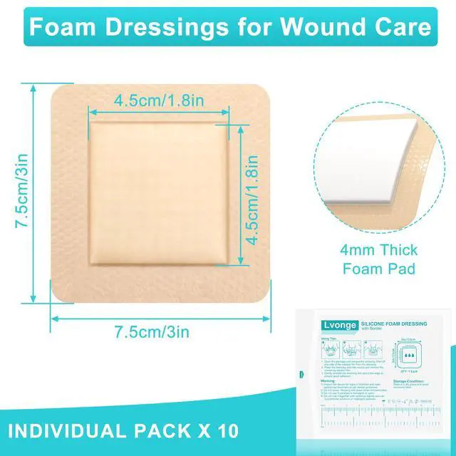 Alt view image 2 of 7 - Silicone Foam Dressing 3"x3", Waterproof Absorbent Wound Dressing Bandages for Wound Care,10 Pack Wound Silicone Large Bandages