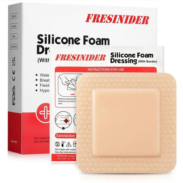 Main image of Silicone Foam Dressing with Adhesive Border Wound Dressing Bandage Silicone Foam Pad Pack of 10 4 x 4 Inches Large Waterproof Bandages Self Adhesive Wound Care and Dressings