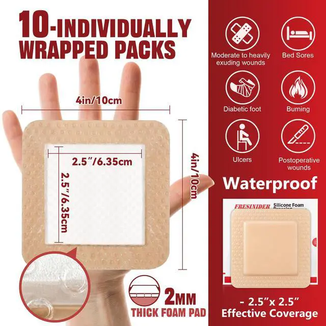 Alt view image 2 of 7 - Silicone Foam Dressing with Adhesive Border Wound Dressing Bandage Silicone Foam Pad Pack of 10 4 x 4 Inches Large Waterproof Bandages Self Adhesive Wound Care and Dressings