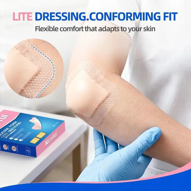 Alt view image 2 of 7 - Silicone Foam Lite Dressing for Sensitive Skin 3"x3" (8 Count) Medical Grade Ultra Soft Large Waterproof Bandages for Minor Surgical Incisions, Abrasions and Blisters