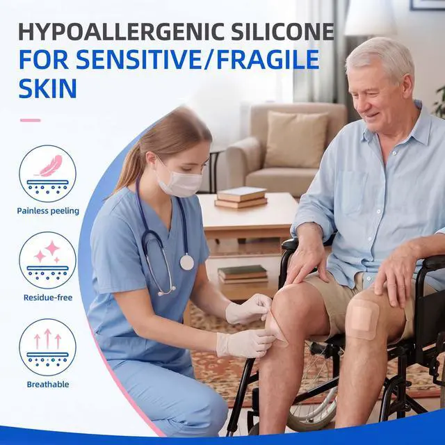 Alt view image 3 of 7 - Silicone Foam Lite Dressing for Sensitive Skin 3"x3" (8 Count) Medical Grade Ultra Soft Large Waterproof Bandages for Minor Surgical Incisions, Abrasions and Blisters