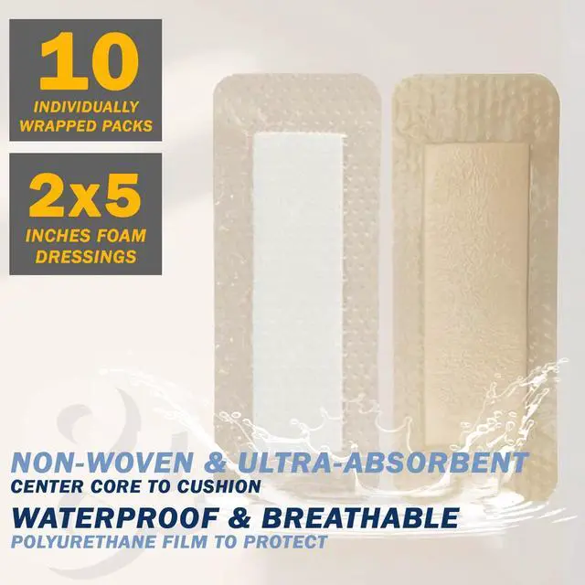 Alt view image 2 of 6 - Care Silicone Foam Dressing with Adhesive Border | Highly Absorbent Hypoallergenic Bandages for Chronic Wounds, Bed Sores, Pressure Ulcers | Gentle & Secure Adhesion (2" x 5" | 10 Pack)