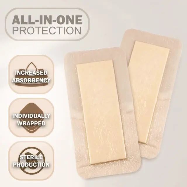 Alt view image 4 of 6 - Care Silicone Foam Dressing with Adhesive Border | Highly Absorbent Hypoallergenic Bandages for Chronic Wounds, Bed Sores, Pressure Ulcers | Gentle & Secure Adhesion (2" x 5" | 10 Pack)