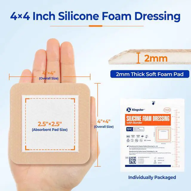 Alt view image 7 of 7 - 10 Pack 4x4 Inch Silicone Foam Dressing with Gentle Border, High Absorbency Waterproof Silicone Foam Bandages for Wound Care, Minor Surgical Incisions, Post Surgery Pads