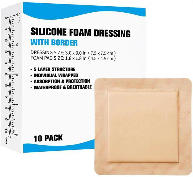 Main image of 10 Pack Silicone Foam Dressing with Border, 3x3 Inch Bandage Pad Wound Care