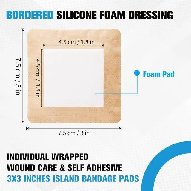 Alt view image 2 of 7 - 10 Pack Silicone Foam Dressing with Border, 3x3 Inch Bandage Pad Wound Care