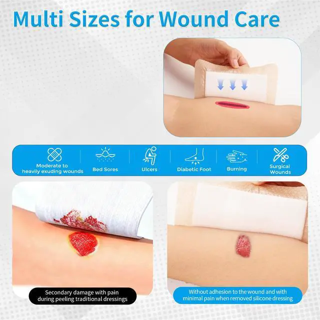 Alt view image 6 of 7 - 10 Pack Silicone Foam Dressing with Border, 3x3 Inch Bandage Pad Wound Care