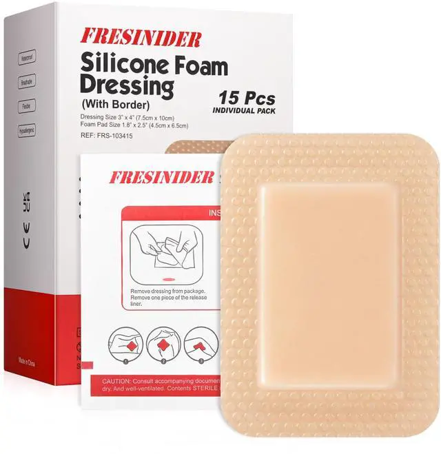 Main image of Silicone Foam Dressing 3" x 4", 15 Pack Soft Silicone Border Foam Dressing for Pressure Areas, Daily Wound Care & Post-Procedure Use Absorbent, Breathable & Skin-Friendly