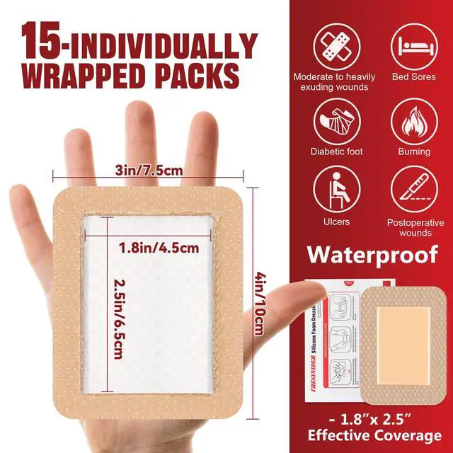 Alt view image 2 of 7 - Silicone Foam Dressing 3" x 4", 15 Pack Soft Silicone Border Foam Dressing for Pressure Areas, Daily Wound Care & Post-Procedure Use Absorbent, Breathable & Skin-Friendly