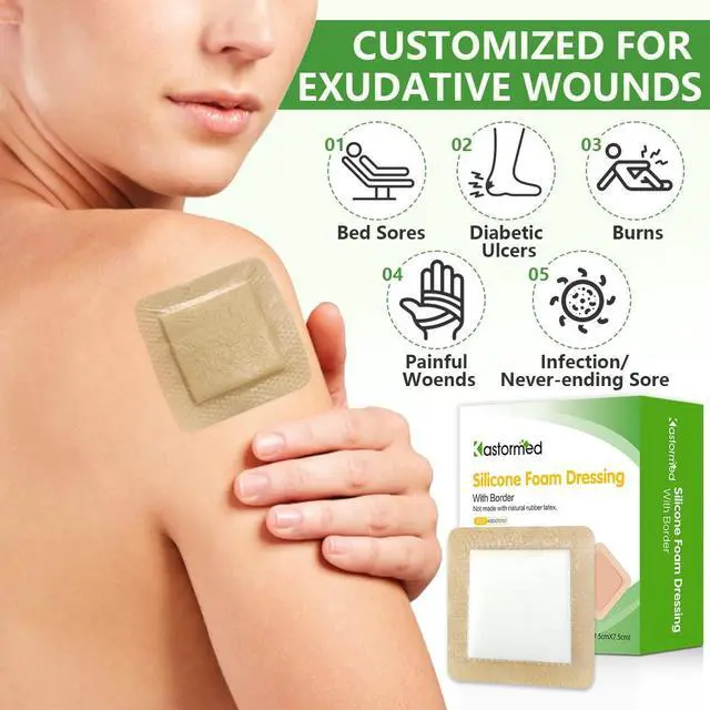 Alt view image 2 of 6 - Silicone Adhesive Foam Dressing with Gentle Border 3''x3'' 10 Pack, High Absorbency Foam Wound Bandage for Bed Sore Leg Ulcer Foot Diabetic Ulcer