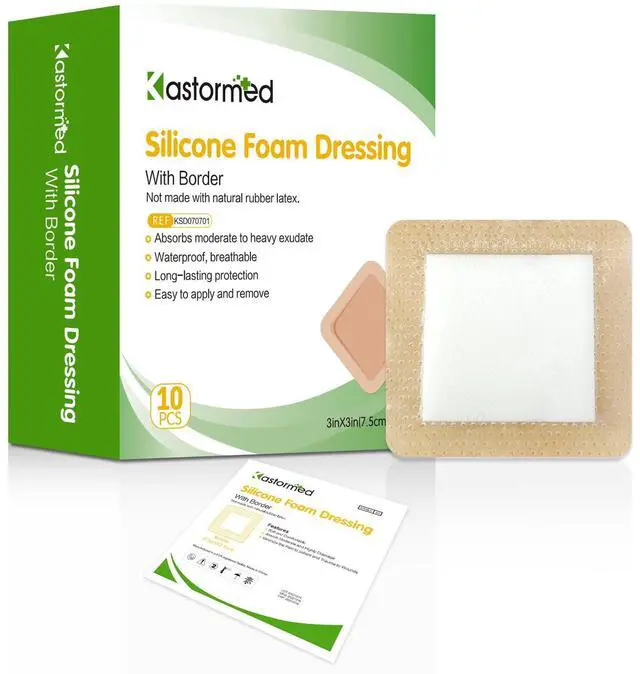 Main image of Silicone Adhesive Foam Dressing with Gentle Border 3''x3'' 10 Pack, High Absorbency Foam Wound Bandage for Bed Sore Leg Ulcer Foot Diabetic Ulcer