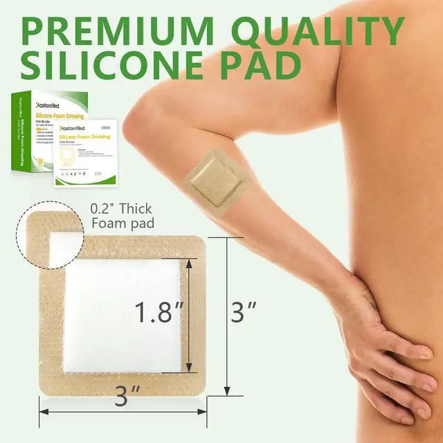Alt view image 4 of 6 - Silicone Adhesive Foam Dressing with Gentle Border 3''x3'' 10 Pack, High Absorbency Foam Wound Bandage for Bed Sore Leg Ulcer Foot Diabetic Ulcer